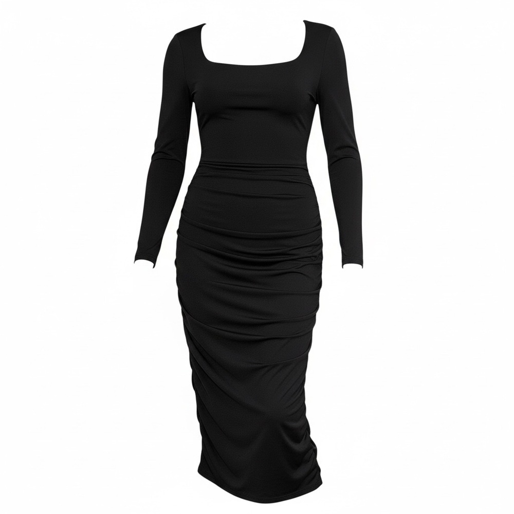LAGSHIAN Black Ruched Long Sleeve Bodycon Midi Dress 3XL